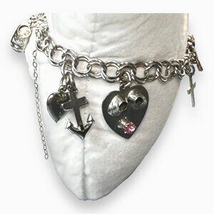 Vintage Forstner Charm Bracelet With Heart & Cross Charms And Pink Stone Accent